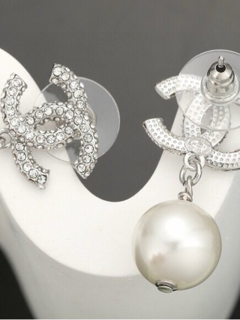 CHANEL Silver Crystal CC Drop Earrings with White Pearls - Picture 6 of 6